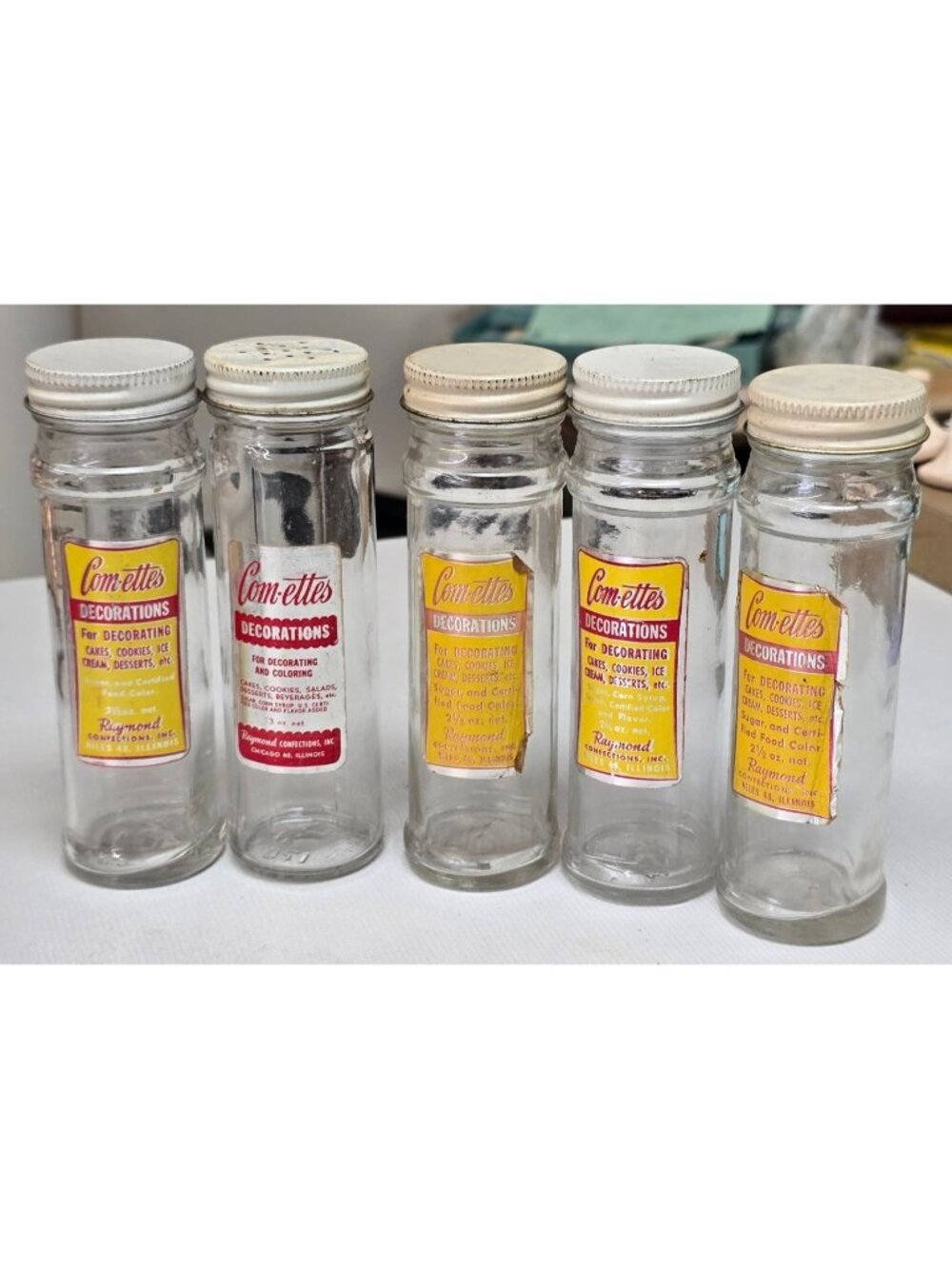 Vintage Com-Ettes Cake Decorations Tall Glass Spice Jars Lids Original Labels